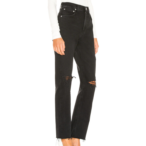 Agolde Cherie High Rise Straight Jeans Black 25x31 Busted Knee Rigid Raw Hem - Picture 3 of 12